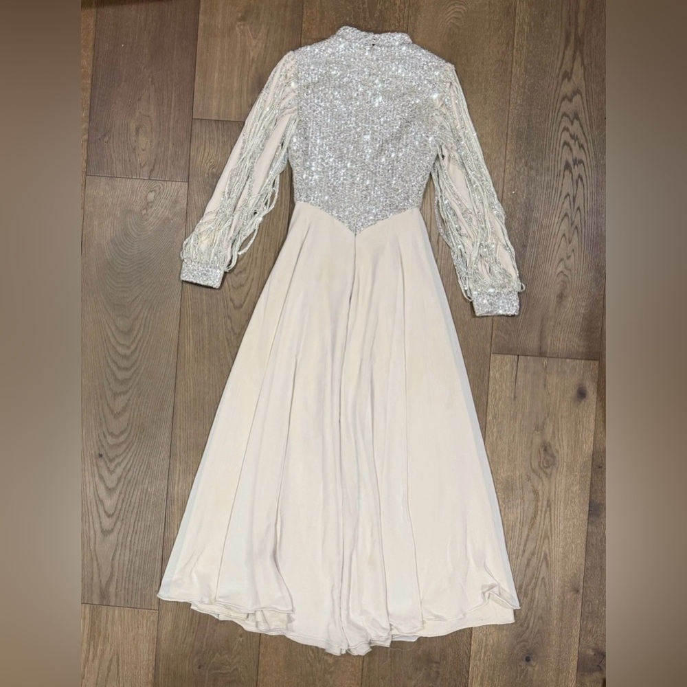 FIDAN Vintage 80s Glam Gown Silver Sequin Bodice w/ Beaded Tassel Sleeves - Picture 3 of 7